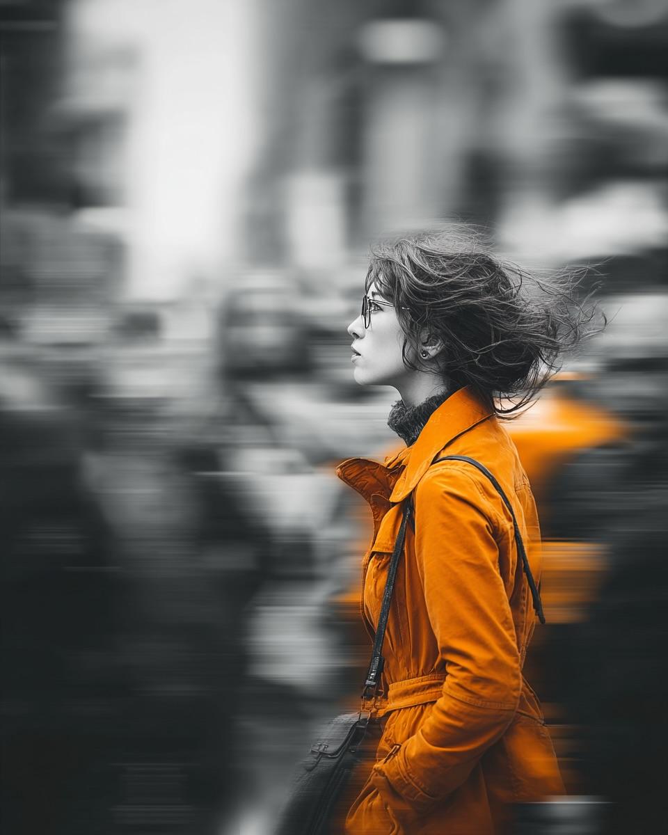 一位年轻女性穿过熙攘的城市人群的街头电影感人像，采用追拍手法拍摄。主体保持极度清晰锐利，而周围的行人则化为柔和的横向动态模糊，营造出强烈的运动感与孤独感。整体环境为黑白单色调，仅通过选择性色彩...