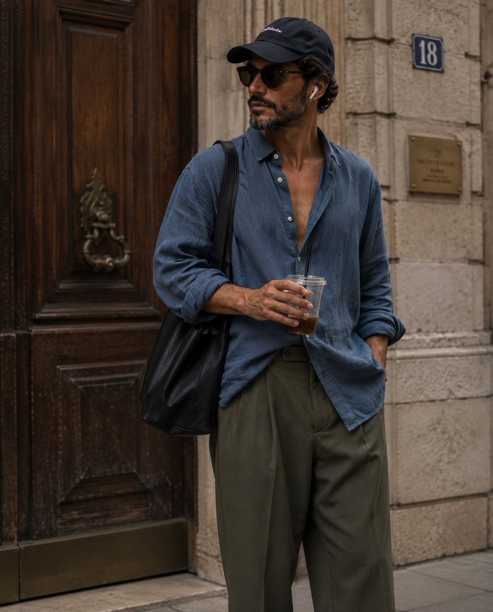 GPT Image 2.0 on ChatGPT 提示词；抓拍的街头风格时尚摄影，一位时尚的年轻男子随意地站在一座具有复古欧洲风格的建筑外，建筑有一扇华丽的深色木门和石墙。他穿着一件褪色的蓝色...