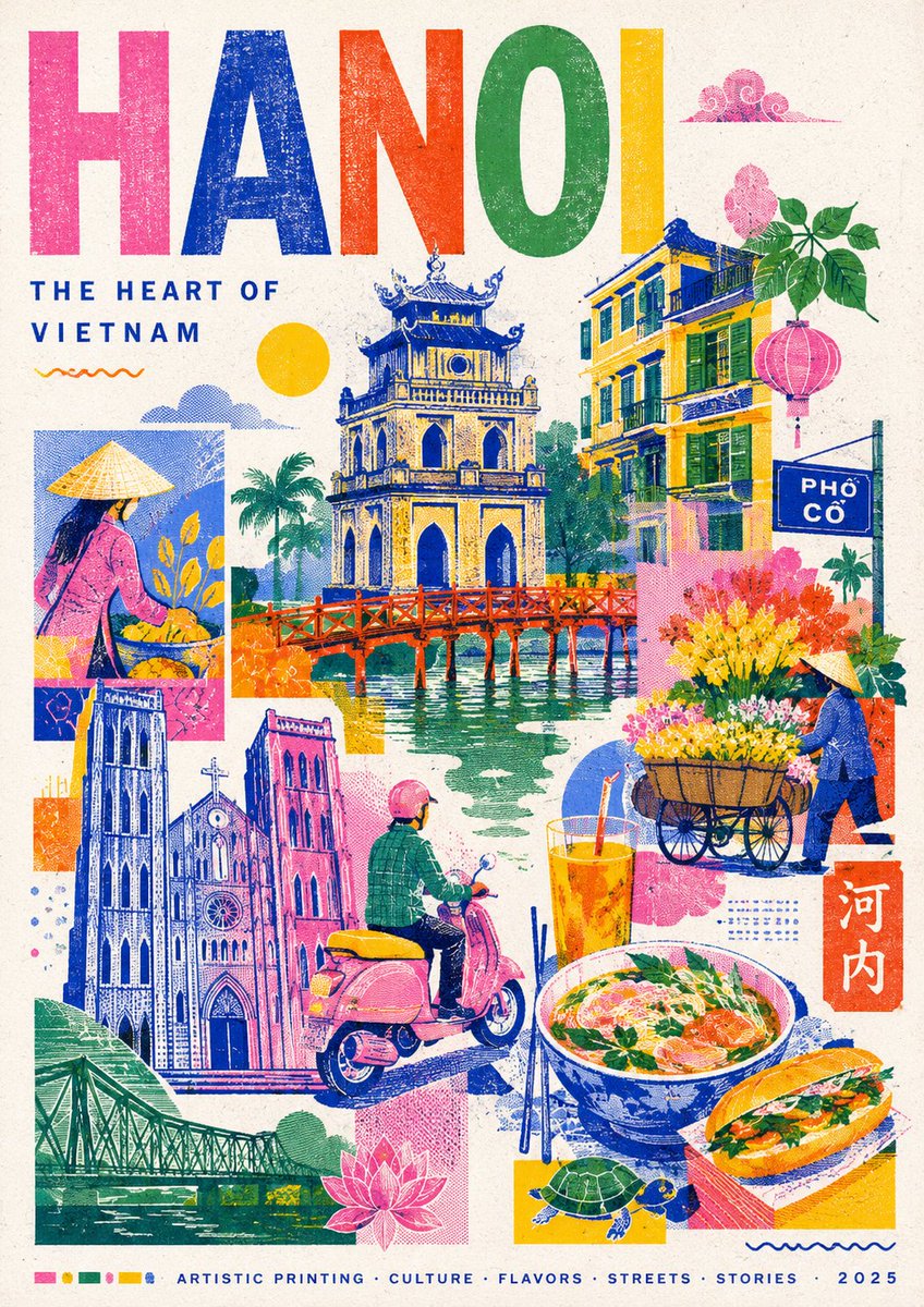 创作一幅以孔版印刷（Risograph）为灵感的时尚现代旅行海报，主题为{DESTINATION_NAME}。使用简化的插画图像来表现目的地最具标志性的地标、建筑、风景、文化元素、交通、当地野...