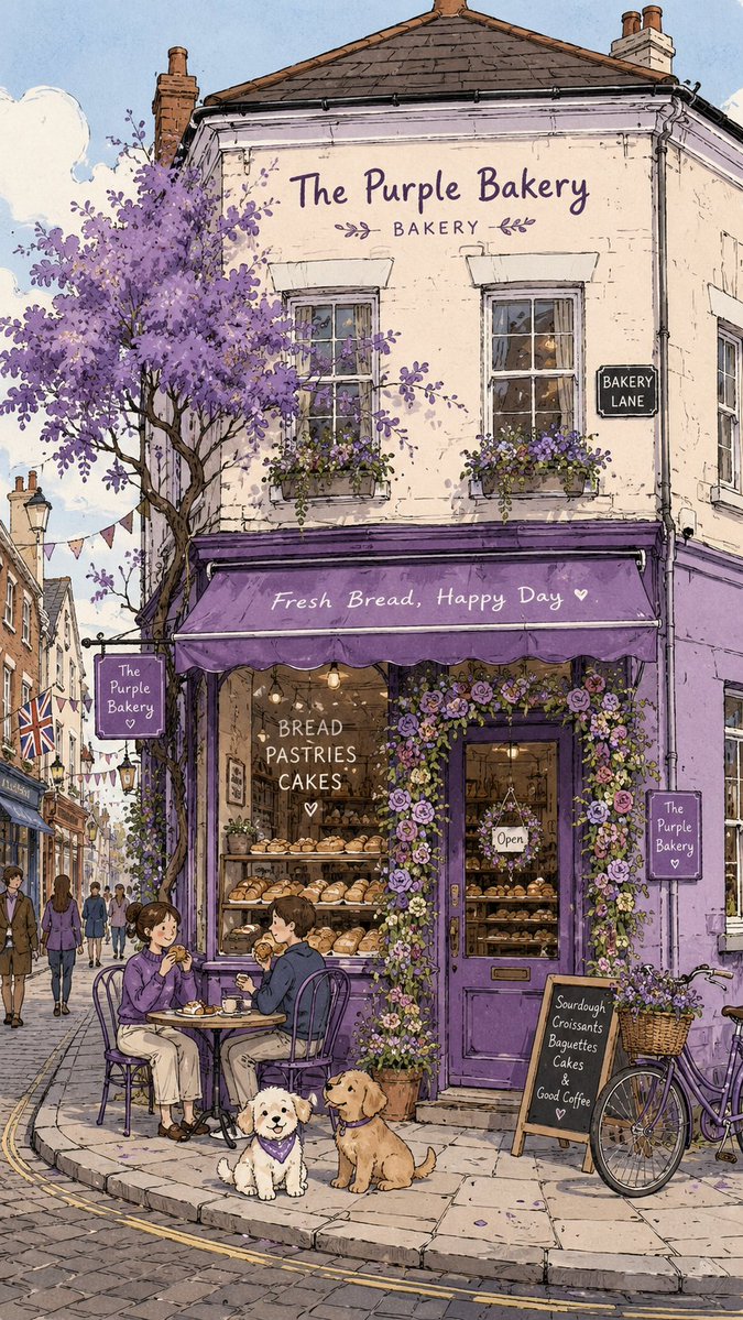 英国街上的紫色烘焙店是一家两层楼高的街角店面,出售各种面包,吸引了许多顾客。门上装饰着鲜艳的花朵,门口摆放着椅子,顾客坐在那里吃面包,门口有一棵紫色的树,门口停着一辆自行车,门口还有小狗。简约...