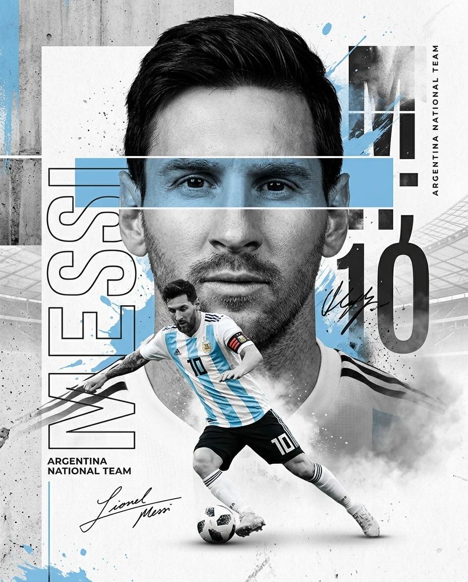 创作一张高端体育海报，采用 Nike × FIFA世界杯编辑级广告大片风格。以一位传奇足球运动员作为主角，采用充满力量感的全身动态动作姿势，叠加在一幅超大的灰度特写肖像之前。横跨眼部区域使用其...