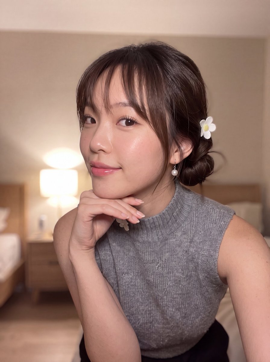 超写实智能手机自拍：一位美丽的年轻东亚女性，拥有白皙透亮的瓷器肌肤，随意低垂的发髻，稀疏的刘海，戴着一枚小巧的白色花朵发夹。她佩戴珍珠吊坠耳环，穿着灰色针织无袖高领毛衣，领口有一处小巧的花朵装...