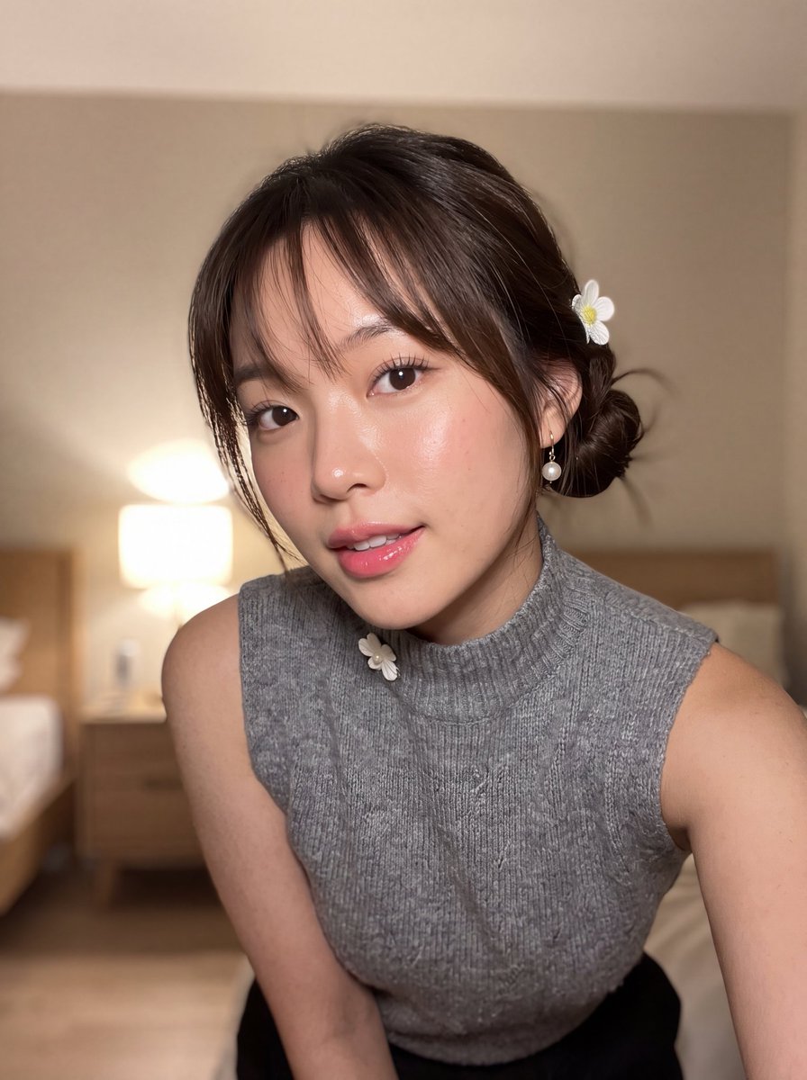 超写实智能手机自拍：一位美丽的年轻东亚女性，拥有白皙透亮的瓷器肌肤，随意低垂的发髻，稀疏的刘海，戴着一枚小巧的白色花朵发夹。她佩戴珍珠吊坠耳环，穿着灰色针织无袖高领毛衣，领口有一处小巧的花朵装...