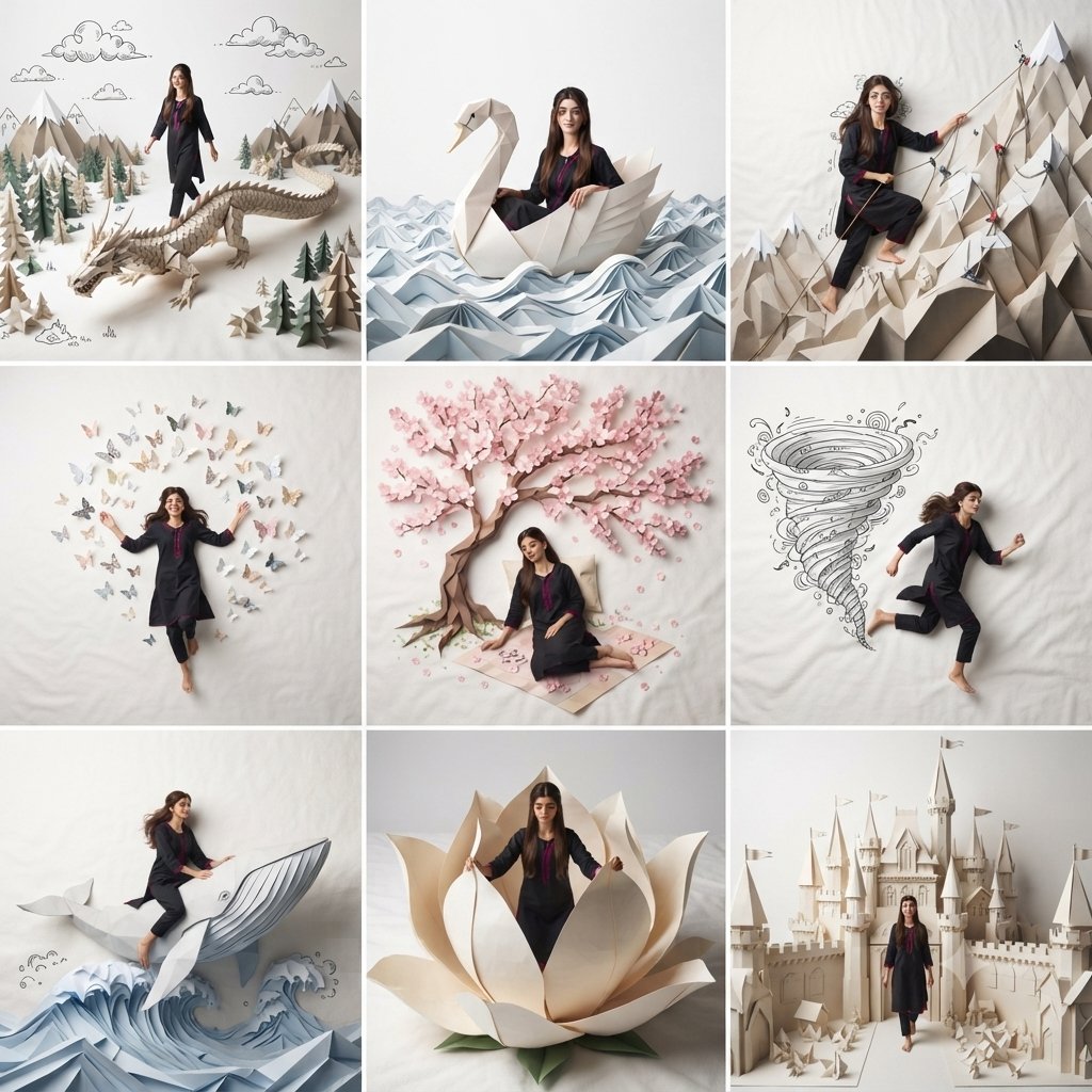 一个专业的 3x3 拼贴画，画面中是同一张上传参考图中的美丽女性，保持完全一致的面部特征、发型、眼镜以及真实的比例。 采用自上而下的俯视视角，背景为洁净的白色毯子。 每一格里，她都在一个完全由...