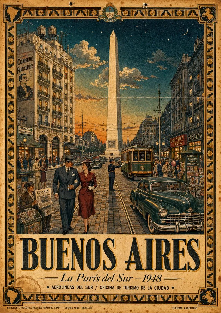1948年的布宜诺斯艾利斯，像一张从未印刷的旅行海报。 方尖碑、有轨电车、黄昏时的9月大街。 我盯着它看了很久。 gpt image 2. prompt 👇 { "id": "buenos_a...