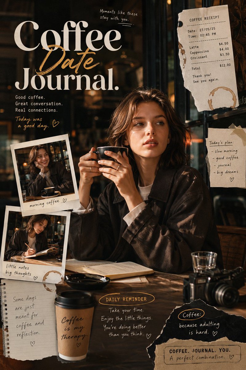 受《Coffee Date Journal》启发的编辑风格海报，营造温暖而亲密的咖啡馆叙事氛围，仿佛捕捉现代咖啡馆日记中的私人瞬间。构图融合真实的生活方式摄影与富有创意的日记式版式，呈现分层叠...