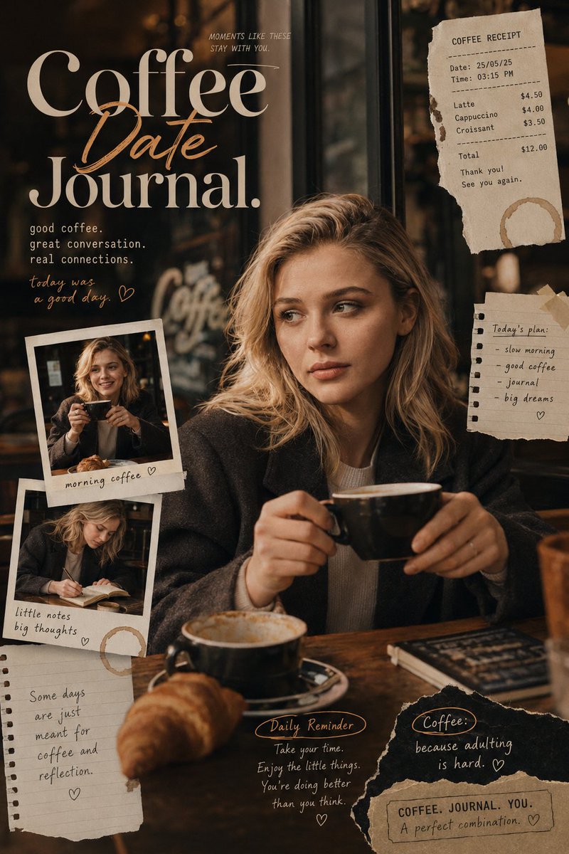 受《Coffee Date Journal》启发的编辑风格海报，营造温暖而亲密的咖啡馆叙事氛围，仿佛捕捉现代咖啡馆日记中的私人瞬间。构图融合真实的生活方式摄影与富有创意的日记式版式，呈现分层叠...