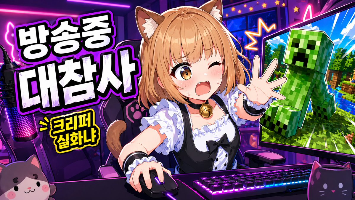 为一场游戏直播创建一个充满活力的动漫风格 YouTube 缩略图,采用宽幅 16:9 版式。场景设定在霓虹紫与粉色的主播房间内。在画面中央,展示一位可爱的猫娘虚拟主播( VTuber ),她坐...