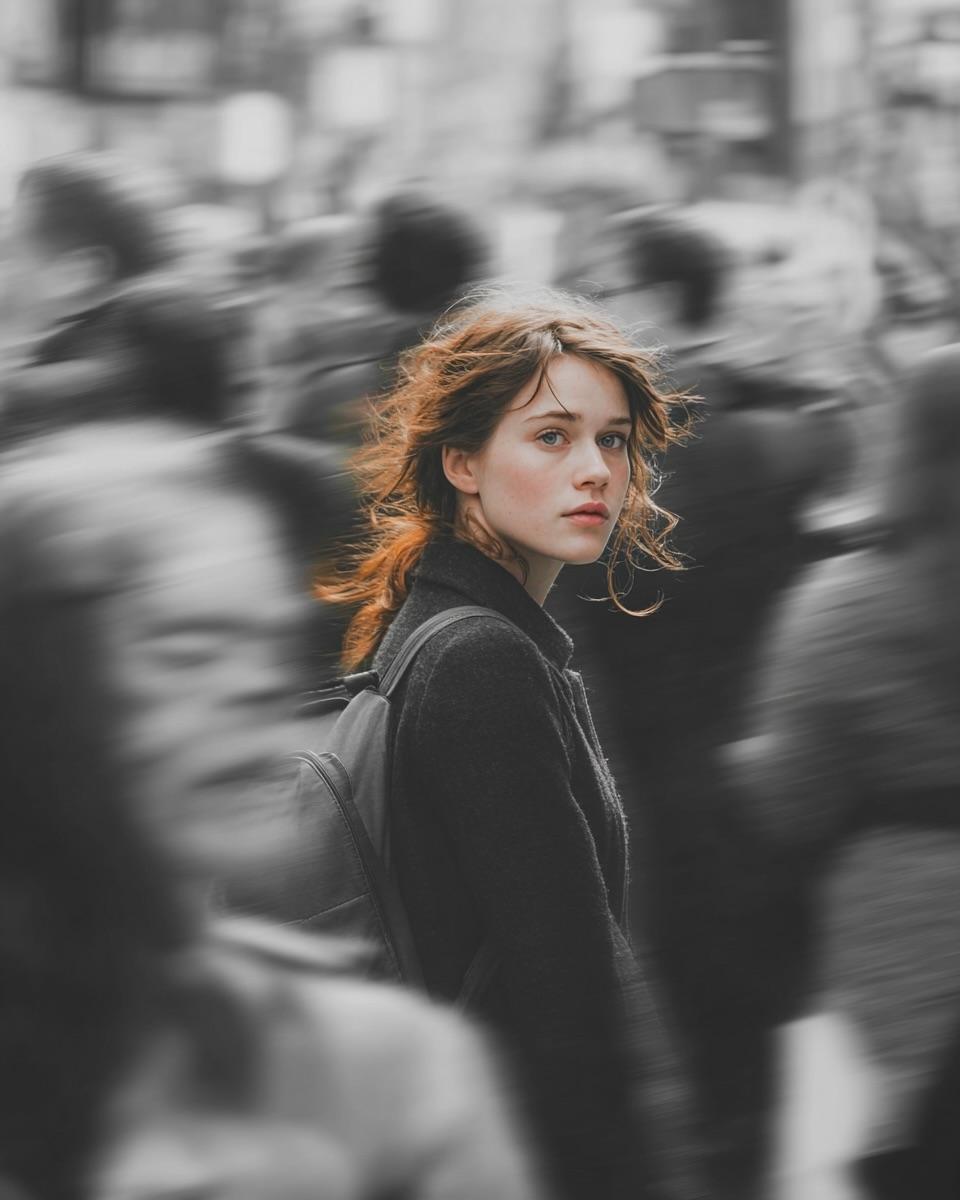 一张电影感的街头人像：一位年轻女子穿行于拥挤的城市之中,主体保持锐利清晰,而周围的行人则通过大幅度的追拍运动效果呈现为模糊。整个画面为黑白单色,唯独她身上那件深藏青色(或其他可选颜色)的羊毛大...