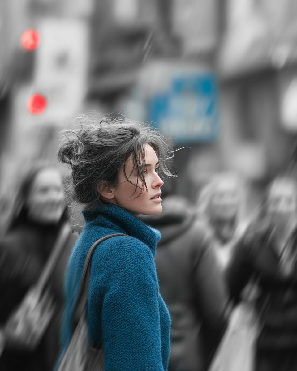 一张电影感的街头人像：一位年轻女子穿行于拥挤的城市之中,主体保持锐利清晰,而周围的行人则通过大幅度的追拍运动效果呈现为模糊。整个画面为黑白单色,唯独她身上那件深藏青色(或其他可选颜色)的羊毛大...