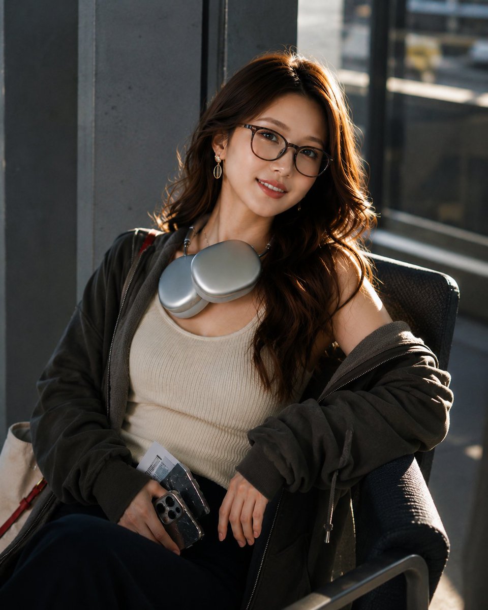 超写实时尚人像摄影：一位美丽的年轻东亚女性，站在现代机场航站楼的水泥柱旁。长长的波浪状深棕色头发，肌肤无瑕散发光泽，妆容自然，佩戴优雅的金色水滴形耳环。她身穿一件宽松的炭灰色拉链连帽衫，随意披...