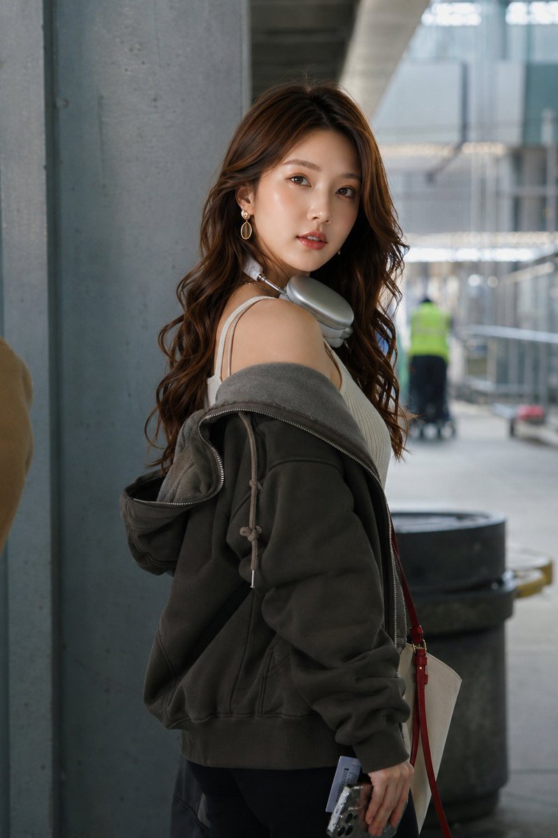 超写实时尚人像摄影：一位美丽的年轻东亚女性，站在现代机场航站楼的水泥柱旁。长长的波浪状深棕色头发，肌肤无瑕散发光泽，妆容自然，佩戴优雅的金色水滴形耳环。她身穿一件宽松的炭灰色拉链连帽衫，随意披...