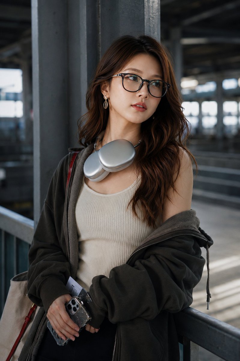 超写实时尚人像摄影：一位美丽的年轻东亚女性，站在现代机场航站楼的水泥柱旁。长长的波浪状深棕色头发，肌肤无瑕散发光泽，妆容自然，佩戴优雅的金色水滴形耳环。她身穿一件宽松的炭灰色拉链连帽衫，随意披...