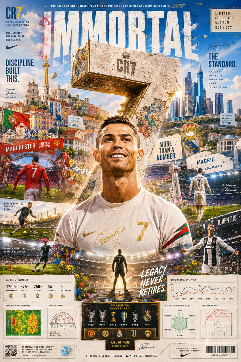 创作一个超高端的全球收藏家系列活动,主题为: CR7 // 永恒(IMMORTAL) 这不是一张足球海报。 它应该感觉像一款限量版收藏家印刷品、一场奢华的耐克广告大片、一件博物馆展览作品、一份...