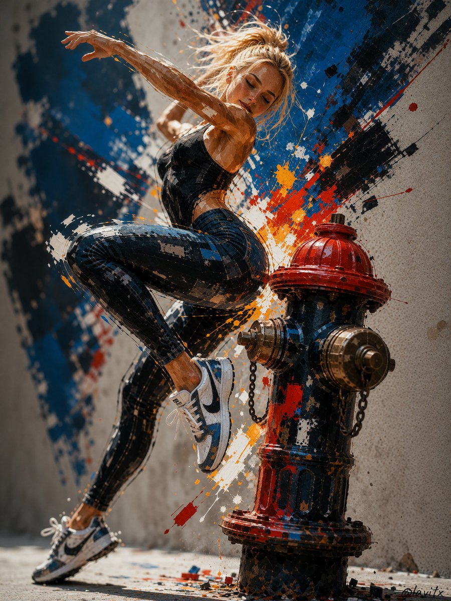 一幅极度细致、极繁主义的抽象表现主义油画，描绘了 M4rgaux_00 作为一位力量感十足的运动员形象，在戏剧性的方向性光线中跃过一片混乱的城市构图；她的身形由流畅的黑色曲线和深邃牛仔蓝的棱角...