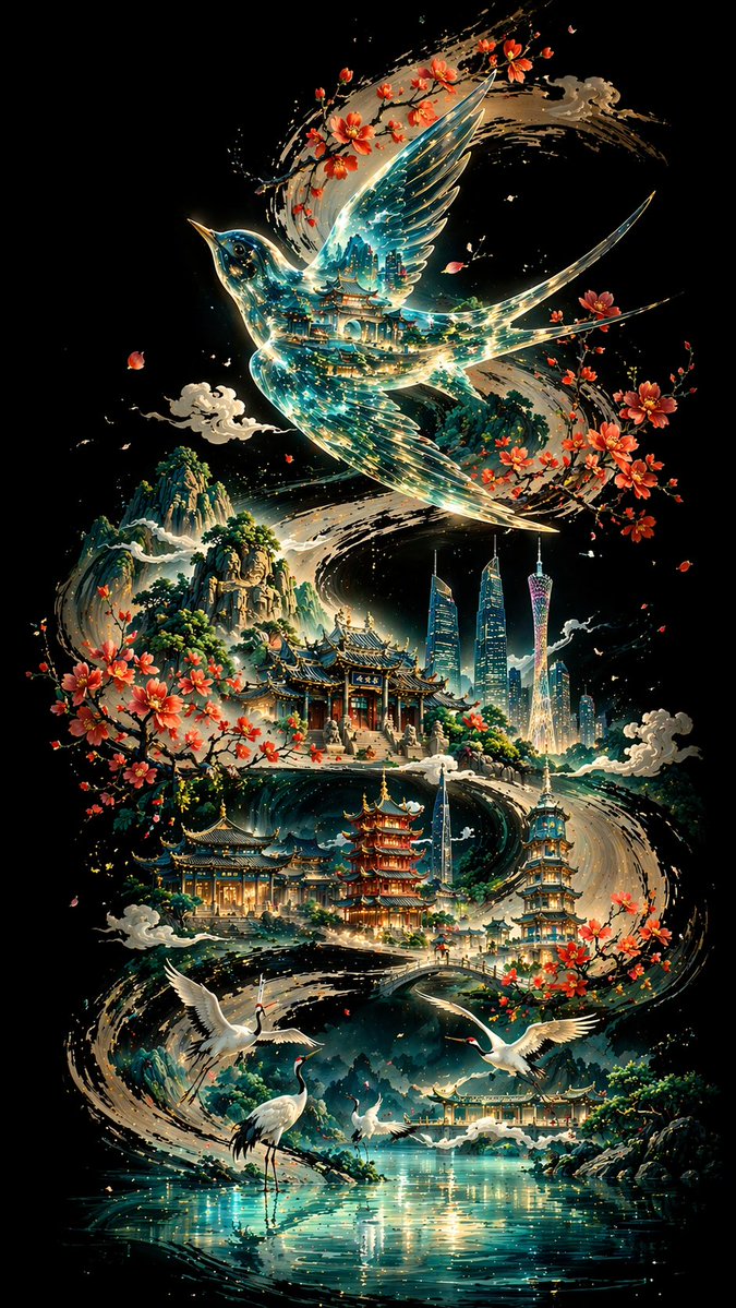 在纯正、深邃的黑色背景上，创作一张竖版 9:16 海报。让一道用黑色水墨书法绘制的、粗犷有力的 S 形曲线从画面一端蜿蜒至另一端，作为整幅构图的视觉主轴与叙事脉络。曲线之上，置一只半透明的中国...