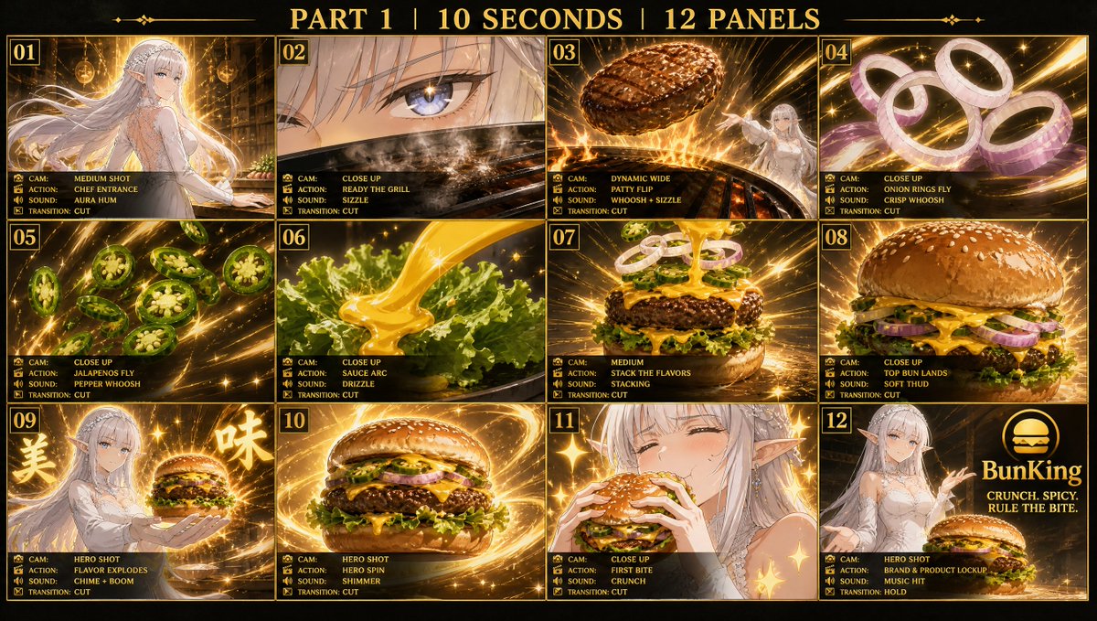 分镜表 + 其背后逐字对应的 GPT Image 2 提示词 👇 { "type": "anime cooking-commercial storyboard sheet, header 'P...