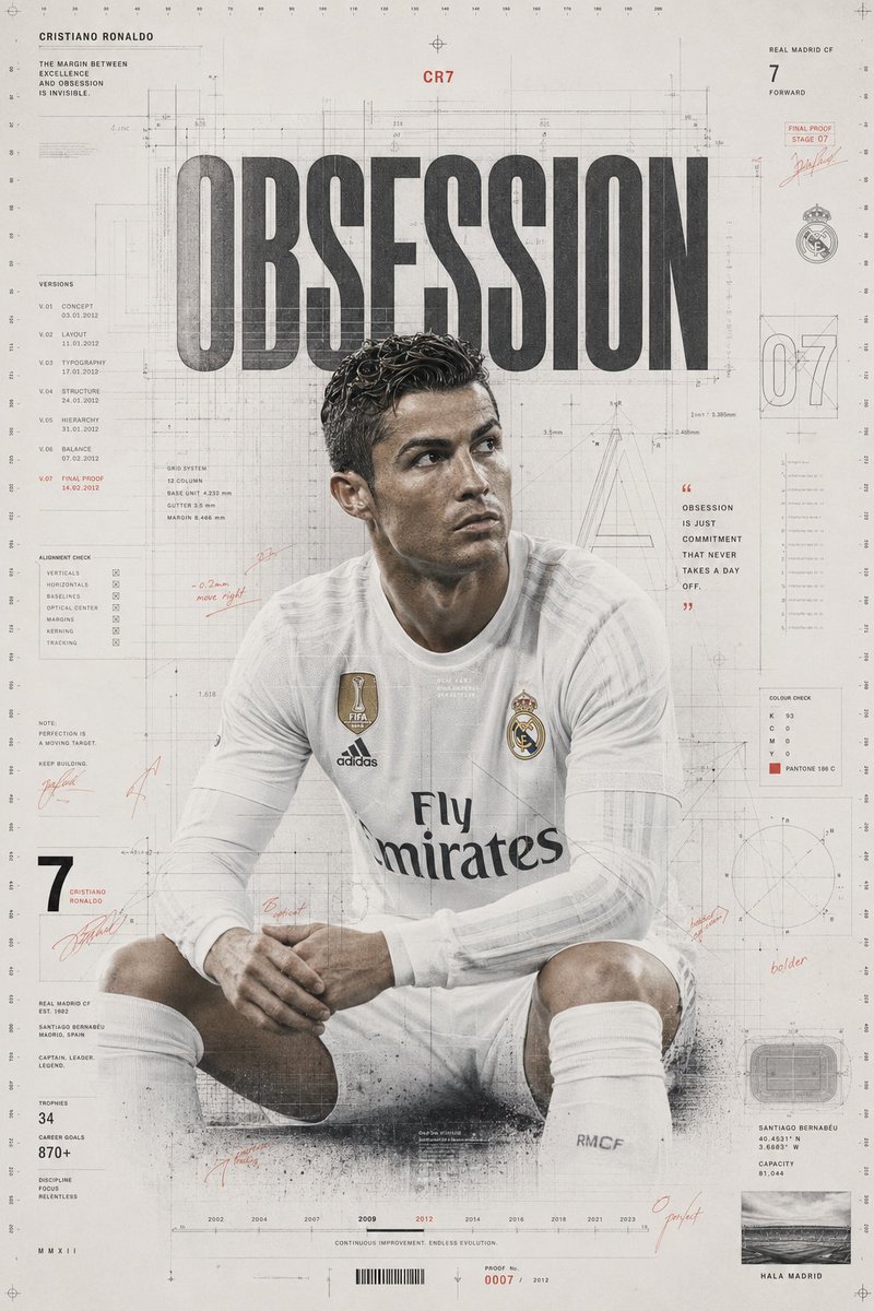 创作一款屡获大奖的典藏版克里斯蒂亚诺·罗纳尔多（Cristiano Ronaldo）海报，通过顶级平面设计的语言，探寻"痴迷"这一无形的概念。整幅作品不应给人以彻底完成的感觉，而应呈现出趋于完...