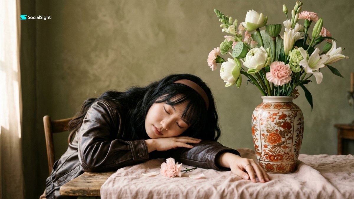 一幅电影感的美术工作室人像摄影：一位年轻的东亚女性将头安静地依偎在交叠的双臂上，身旁是一只高大的陶瓷花纹花瓶，瓶中插着优雅的莲花、白色百合、淡粉色康乃馨与柔和的绿色植物枝条。她留着一头柔软的刘...