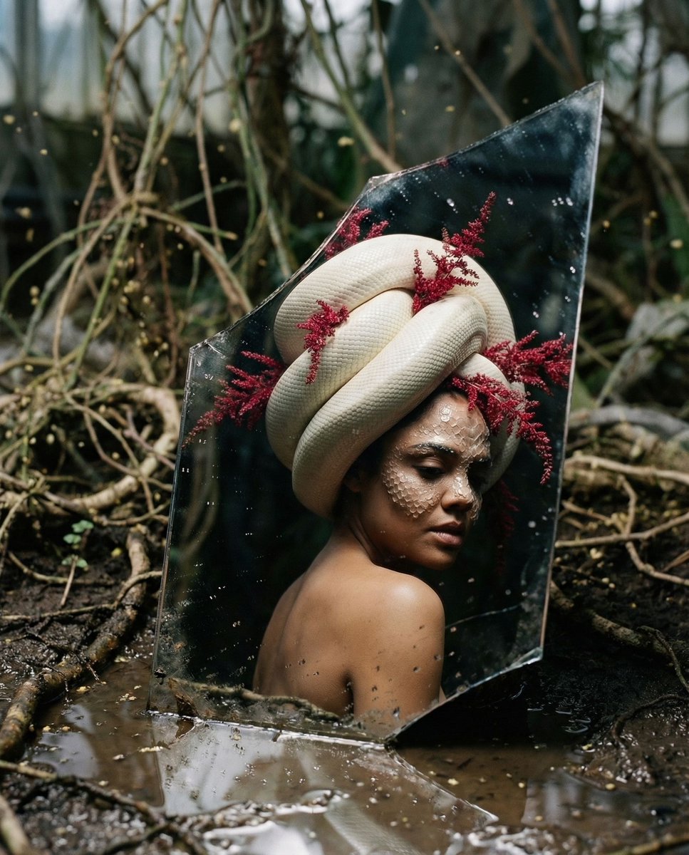 女性, The Reluctant Icon(不情愿的偶像), 无龄感、雌雄同体的主角, 脸颊与鼻梁覆盖实体特效的结晶鳞片,表情隐于阴影之中。, 被一条巨大、肥厚的活体苍白巨蛇紧密缠绕头部所遮...