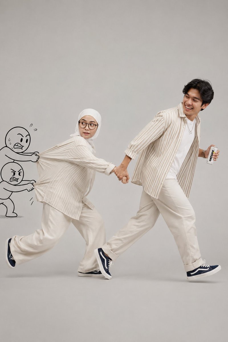 GPT image 2 on the Chatgpt ai Prompt 👇 1. 一幅干净、高调工作室人像，拍摄一对时尚年轻穆斯林情侣在浅灰色无缝背景上以玩笑跑动姿态。女子戴着米色头巾、过大...