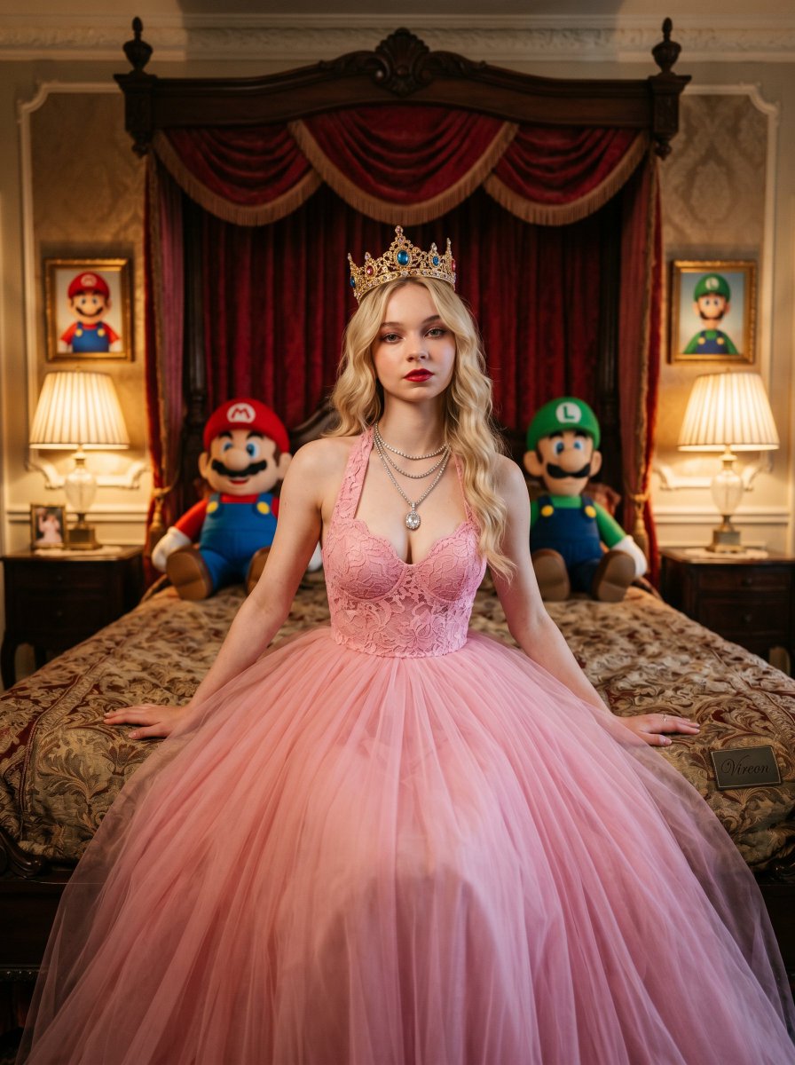 { "image_prompt": { "subject": { "appearance": "Young woman with long blonde wavy hair.", "refer...