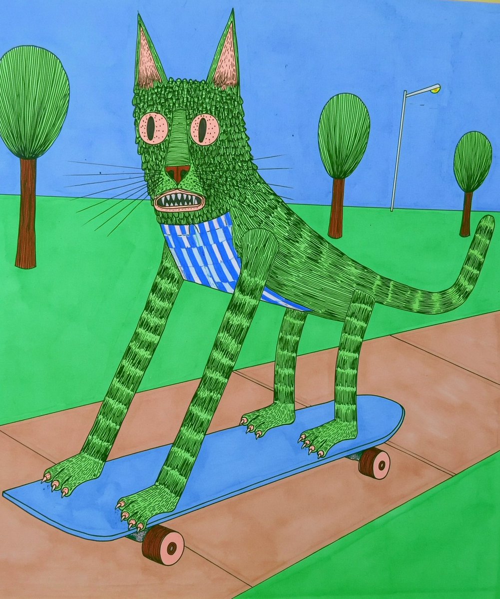 一只可爱的拟人化猫咪踩在滑板上，简洁粗线条轮廓，摆出俏皮的姿势，在欢乐公园里沿着平坦的人行道滑行，背景细节极简 --ar 5:6 --raw --sref 751587208 --sw 100...