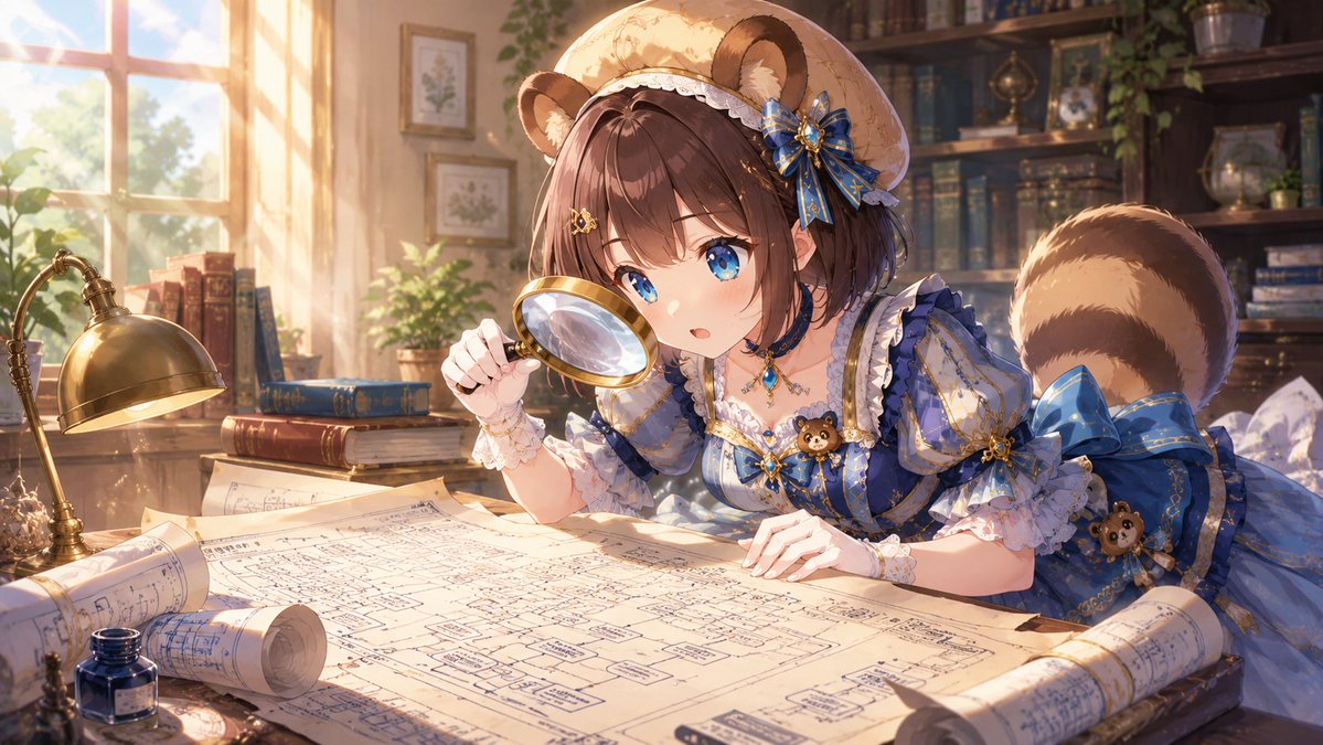 豪华装扮的狸猫娘，手持放大镜仔细端详复杂的软件设计图。动漫风格，明亮的晨光，16:9。 * Negative Prompt: (worst quality, low quality:1.4),...