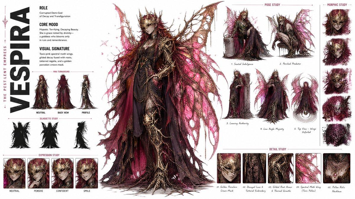 创建一个高端、现代的时尚风格角色概念设定表（CHARACTER CONCEPT ART SHEET），采用 16:9 宽屏布局，置于纯白背景上，并严格遵循以下精确的结构化构图与视觉美学： [风...