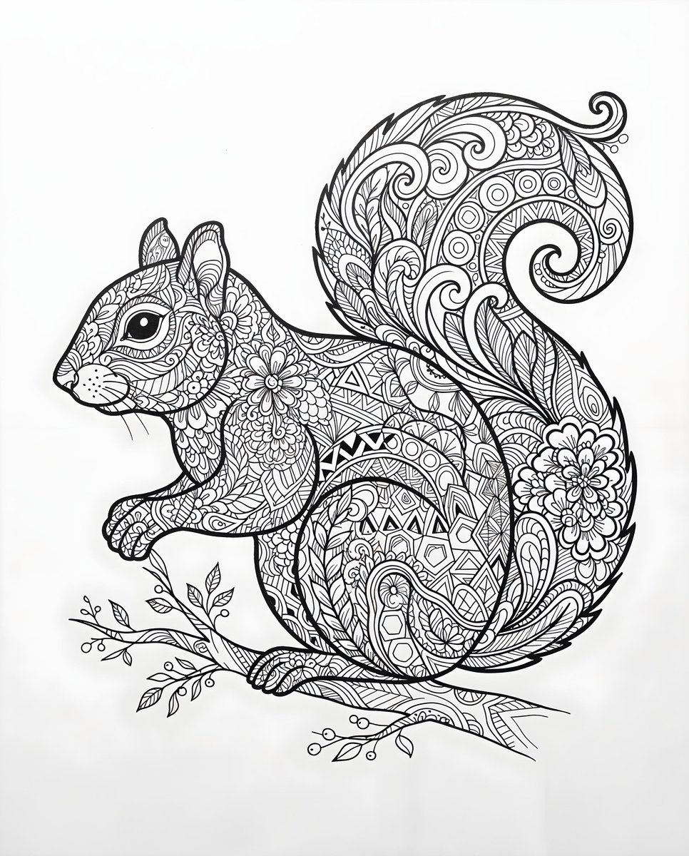 一幅黑白线条画描绘了一只侧面朝左的松鼠。松鼠身上装饰着各种图案和设计,类似禅绕画或成人涂色页。它的身体布满了花卉图案、鳞片、漩涡和几何形状。它的尾巴又大又卷曲,同样饰有图案。背景为白色,凸显出...