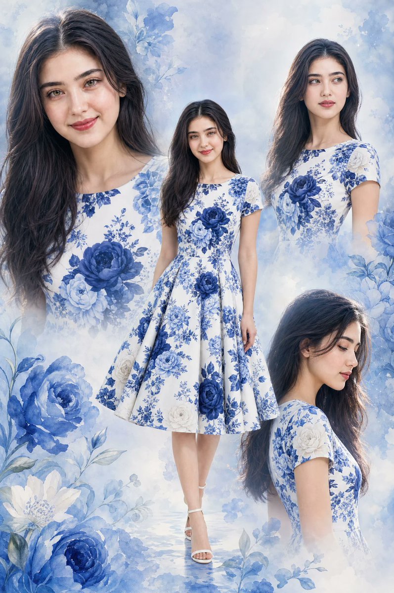 一张精美的多层照片拼贴画，画面中是一位由 AI 原创生成的成年美丽年轻女性。此人并非真实存在。 服装：完全相同的蓝白花卉印花收腰大摆连衣裙，搭配大型深蓝色玫瑰、浅蓝色玫瑰、白玫瑰以及白色底布上...