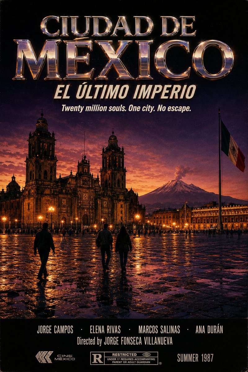 ciudad de méxico como un cartel de cine de los 80 que nunca existió. el zócalo, la catedral, el...