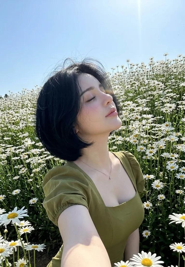 使用所附照片进行创作——保留完全一致的身份、面部结构、骨骼形状和比例——不得更改面部特征或核心形态；仅应用指定的更新内容。 发型规格——超详细：短款、蓬松、深色头发：浓郁的深乌黑色，带有微妙的...