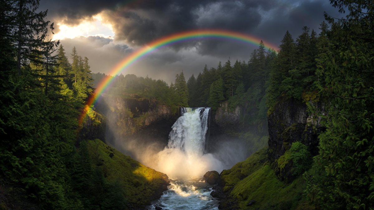 专业摄影作品，风景杰作：温带雨林中，一道鲜艳的主彩虹横跨在轰鸣的瀑布之上，棱镜般的色彩在黑暗的暴风云映衬下格外鲜明，阳光透过基底的薄雾洒落，青苔覆盖的玄武岩悬崖与雪松林构成画面框架，超写实的动...