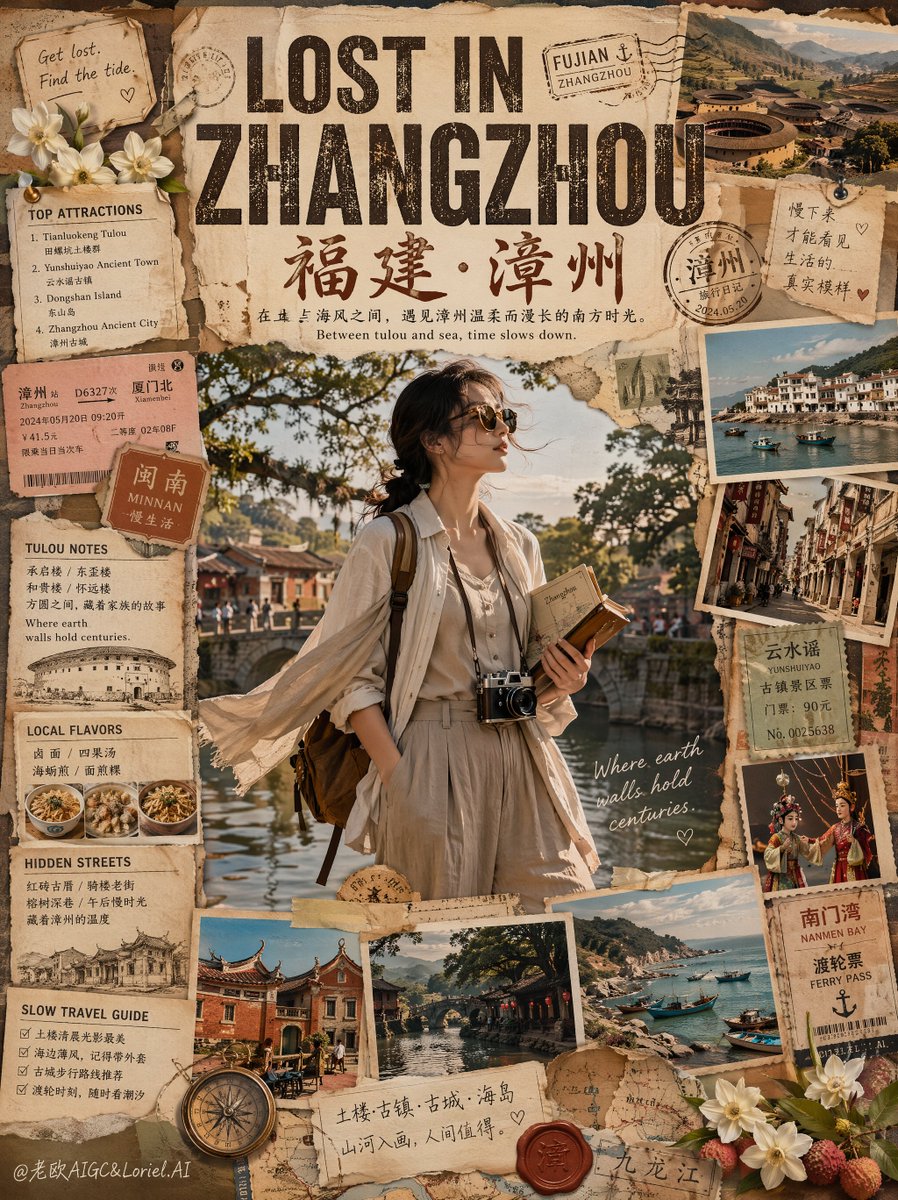 创作一幅高端复古旅行拼贴海报，标题为“LOST IN SHAOXING”（迷失在绍兴），画面中一位时尚独行旅人正在探索浙江绍兴，整体以博物馆级编辑风剪贴簿构图呈现。设计需融合高端旅行杂志美学、...