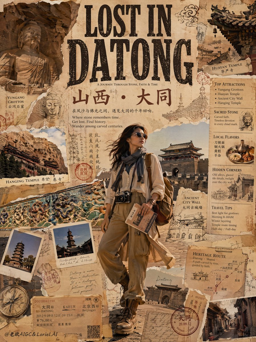 创作一幅高端复古旅行拼贴海报，标题为“LOST IN SHAOXING”（迷失在绍兴），画面中一位时尚独行旅人正在探索浙江绍兴，整体以博物馆级编辑风剪贴簿构图呈现。设计需融合高端旅行杂志美学、...