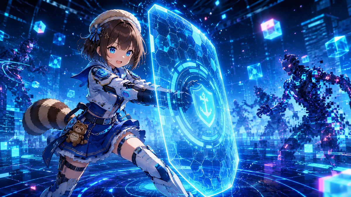 未来的なセキュリティ官の衣装を着たタヌキちゃんが、デジタルシールドを構えているサイバー空間の様子。アニメスタイル、16:9。 * Negative Prompt: (worst quality...