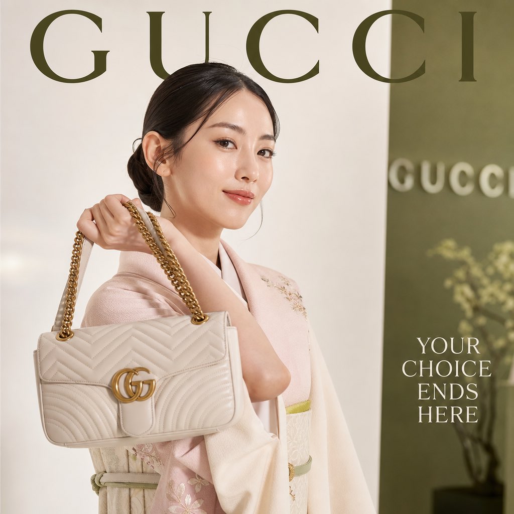 超写实奢侈时尚品牌广告杂志封面，一位优雅的日本女性身着剪裁利落的暗粉色与奶油白日式连衣裙，将精致的绗缝皮革古驰手提包（金色链条肩带）举至肩高，自信微笑地直接向镜头展示。光泽无瑕肌肤，柔和华丽妆...