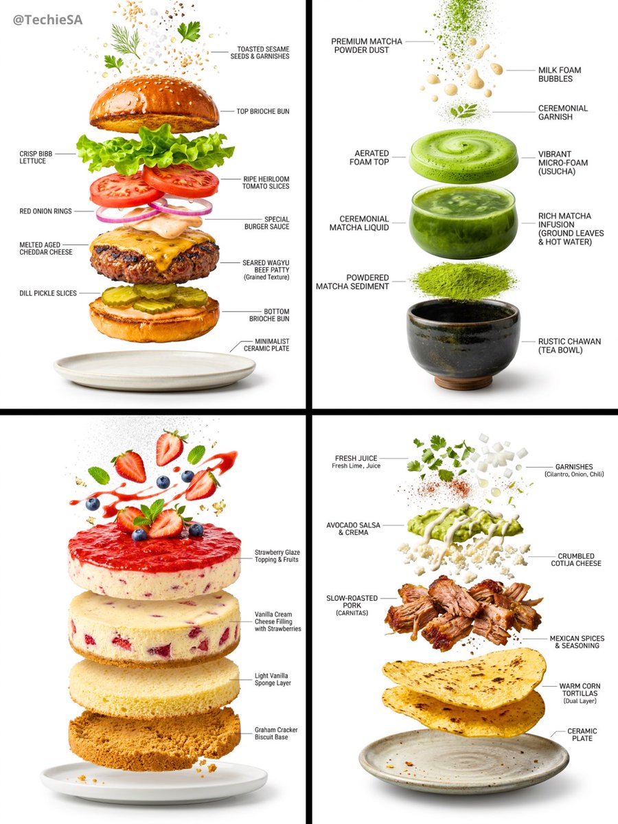 创建一个超写实的垂直分解视图信息图，展示 [FOOD]。 在最顶部，展示该食物标志性的颗粒、液滴、碎屑、香料、蒸汽或装饰元素，悬浮在半空中。 正下方，分离出主表面、釉料、配料或外层，具有丰富逼...