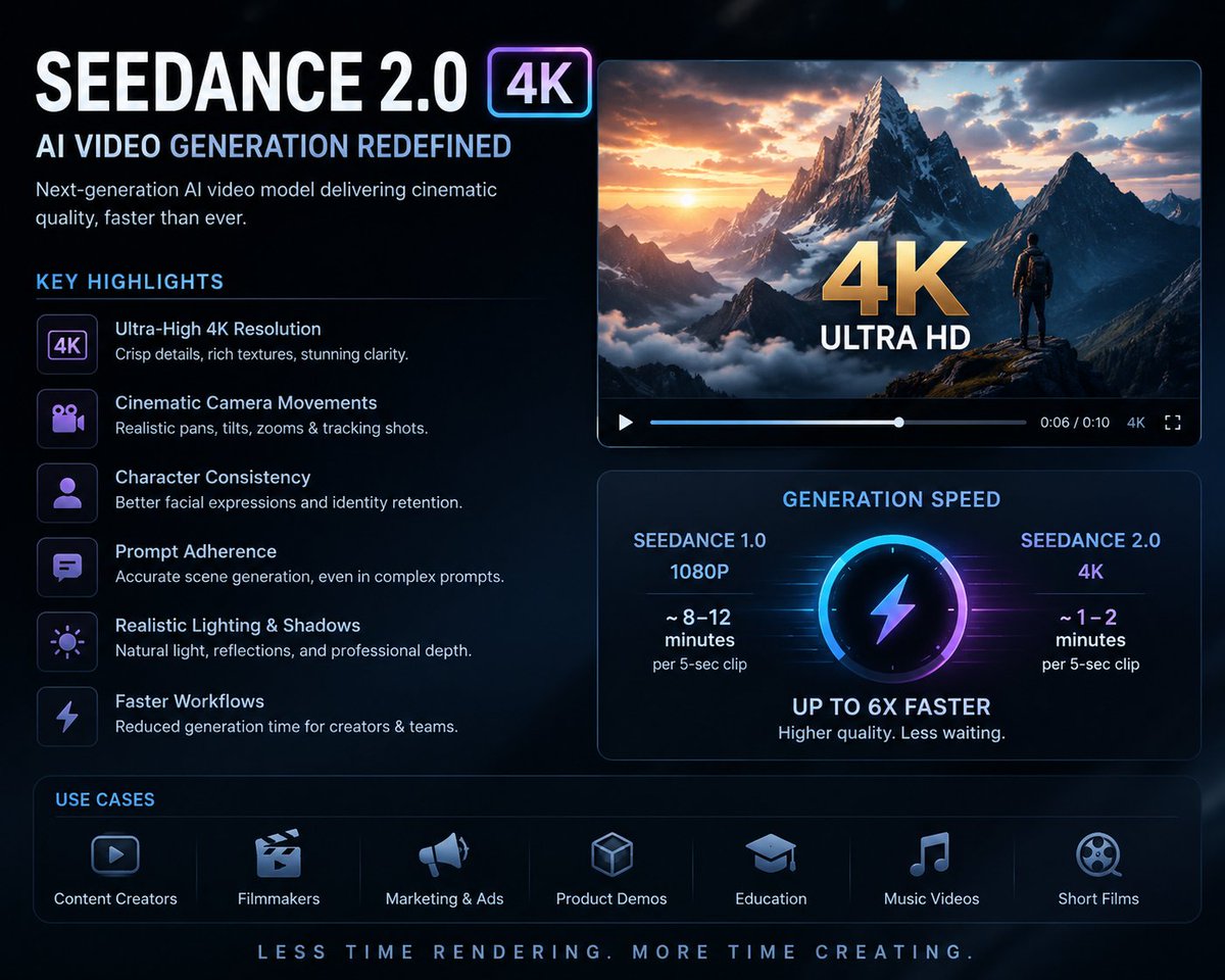 AI 视频的进化速度比以往任何时候都要快。 Seedance 2.0 4K 是迈向专业级 AI 电影制作的又一大步,相比前代产品,它提供了更高质量的画面、更好的一致性以及更强的创作控制能力。...