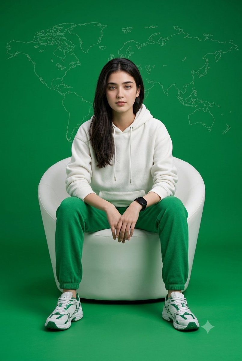 一张超写实的 8K 影棚人像，以 50mm 镜头在平视角度拍摄，画面中一位女性居中坐在一把现代、白色、极简风格的桶形扶手椅上。主体以已上传的面部作为参考，穿着白色抓绒连帽衫（带有可见的抽绳）、...