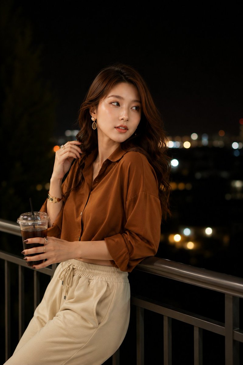GPT Image 2.0 on ChatGPT 提示 1：超写实夜景人像，一位时尚的年轻女子站在现代阳台上，俯瞰夜晚的城市天际线。她身穿宽松的缎面棕色短款纽扣衬衫，袖子卷起，搭配高腰米色抽绳...