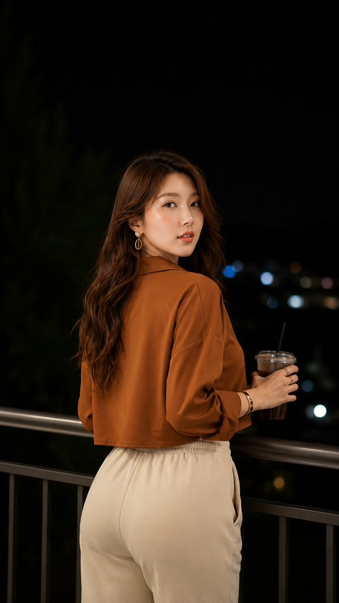 GPT Image 2.0 on ChatGPT 提示 1：超写实夜景人像，一位时尚的年轻女子站在现代阳台上，俯瞰夜晚的城市天际线。她身穿宽松的缎面棕色短款纽扣衬衫，袖子卷起，搭配高腰米色抽绳...
