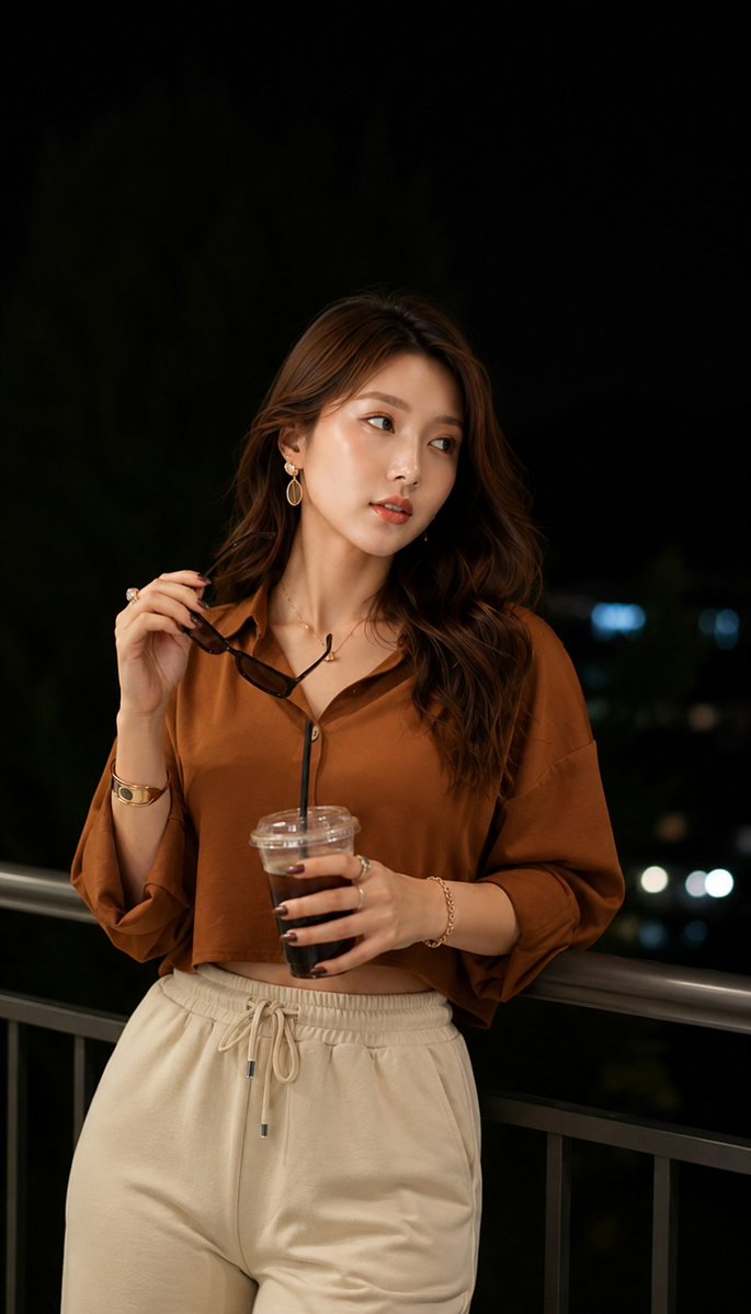 GPT Image 2.0 on ChatGPT 提示 1：超写实夜景人像，一位时尚的年轻女子站在现代阳台上，俯瞰夜晚的城市天际线。她身穿宽松的缎面棕色短款纽扣衬衫，袖子卷起，搭配高腰米色抽绳...