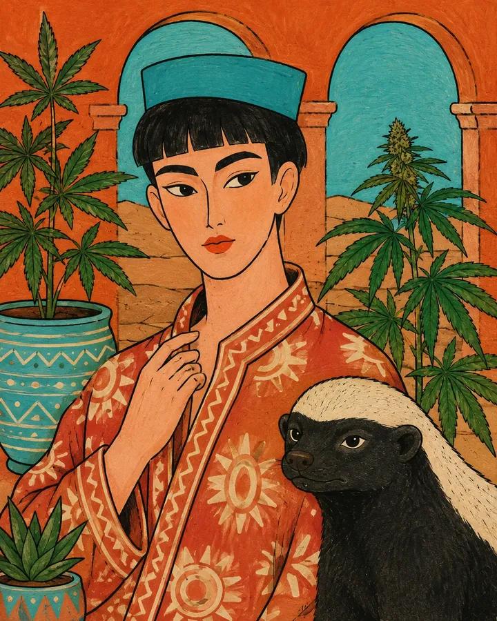 扁平的民间手绘时尚插画，画中是一位 [HUMAN]，穿着 [CLOTHING]，摆出 [POSE] 姿势，身旁有 [ANIMAL]，背景设定在 [BACKGROUND]。使用 [PALETTE...