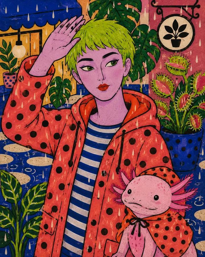 扁平的民间手绘时尚插画，画中是一位 [HUMAN]，穿着 [CLOTHING]，摆出 [POSE] 姿势，身旁有 [ANIMAL]，背景设定在 [BACKGROUND]。使用 [PALETTE...