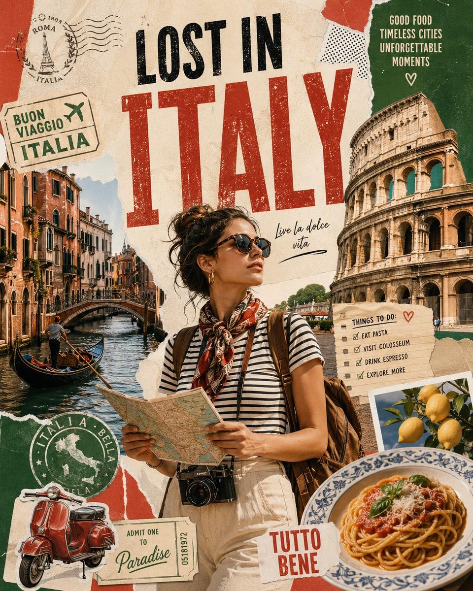 创作一幅名为 "LOST IN [COUNTRY]"（迷失在[国家]）的复古高级旅行拼贴海报，主角是一位时尚的单人旅行者正在探索标志性景点。设计应融合编辑杂志美学、剪贴簿质感、撕纸层次、旅行明...