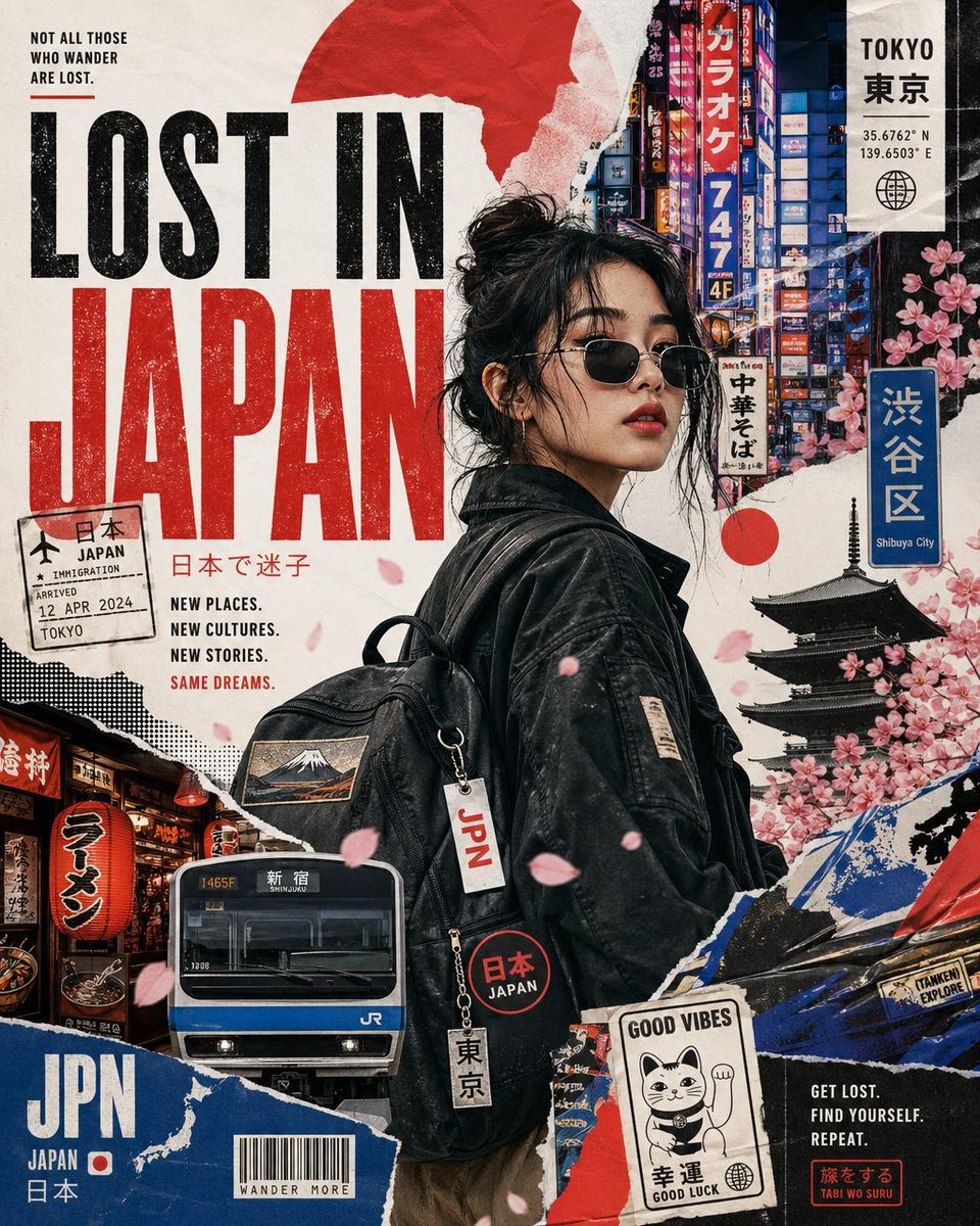 创作一幅名为 "LOST IN [COUNTRY]"（迷失在[国家]）的复古高级旅行拼贴海报，主角是一位时尚的单人旅行者正在探索标志性景点。设计应融合编辑杂志美学、剪贴簿质感、撕纸层次、旅行明...