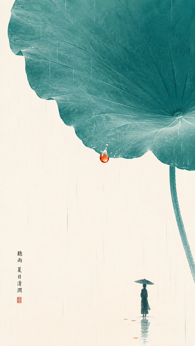 主题方向：东方禅意极简人物插画 风格分支：高对比清润型 主体内容：一位小人物站在巨大荷叶下听雨 情绪母题：清润、夏日、静气、生机 场景与意象：巨...