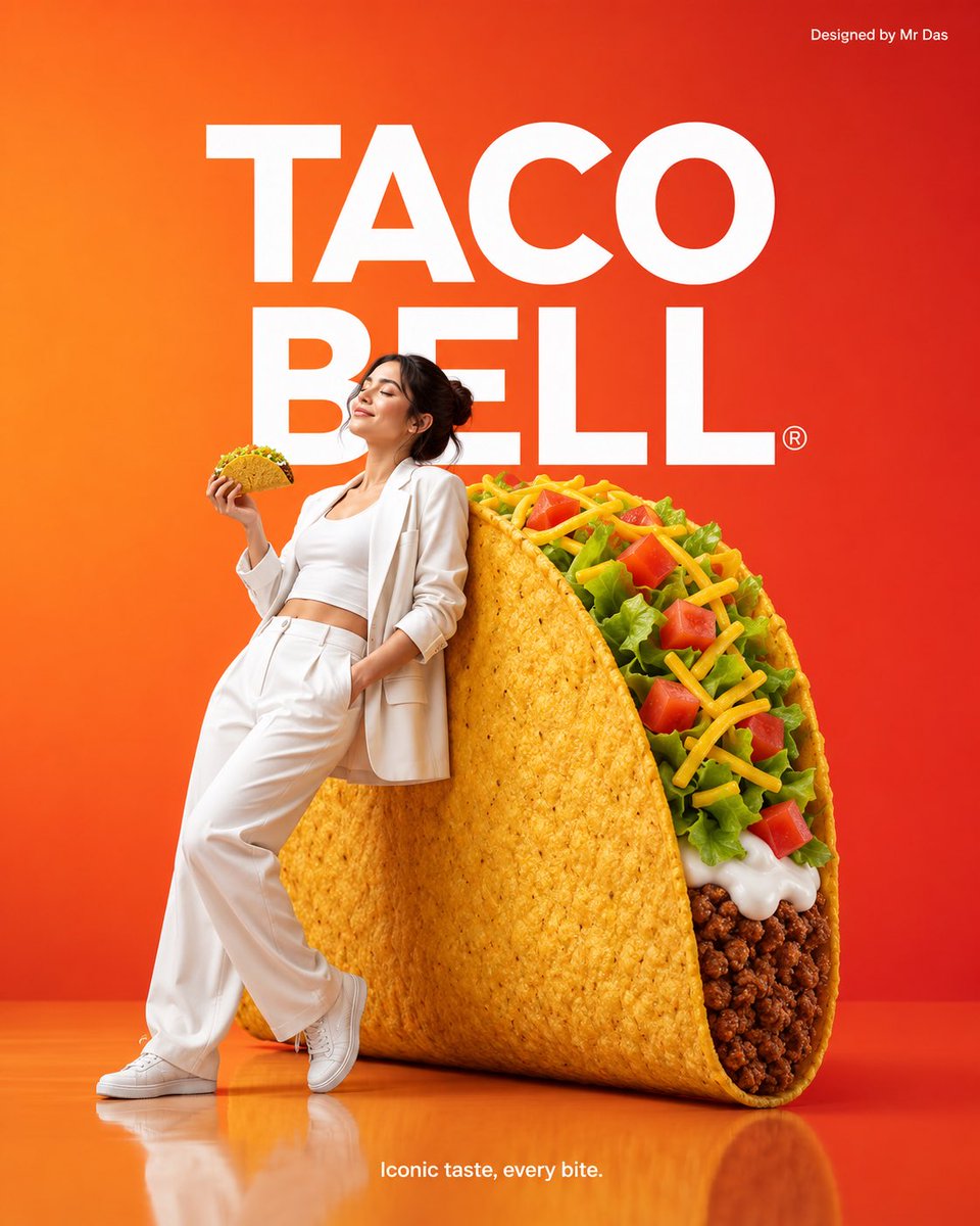 极简风格商业广告，主打超大版 Taco Bell 脆皮玉米卷，设计极致简洁。一位年轻女子身穿全白服装，慵懒随意地斜靠在巨大的玉米卷上，姿态放松自信，双眼紧闭，手中还拿着一只正常尺寸的玉米卷。背...